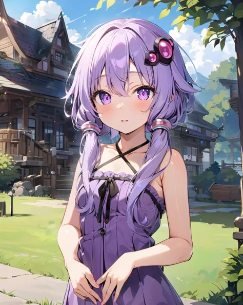 Masterpiece,Best quality,8k,4k, high resolution, detailed skin, detailed hair,
1 girl,outdoors,short_torso, solo focus,solo,child girl,small breasts, 
hair ornament, looking at viewer,short dress, sleeveless,bare shoulders, purple hair, purple eyes, hair l...