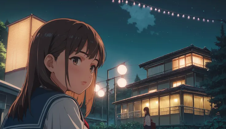 score_9,score_8_up,score_7_up,score_6_up,source_anime,anime screencap,<lora:CoMix_BGXL>,night,night sky,close-up,from_back,looking back,cinematic_angle,2girls,sitting,forest,school uniform,upper body,outdoors,sky,plant,tree,bush,city lights,