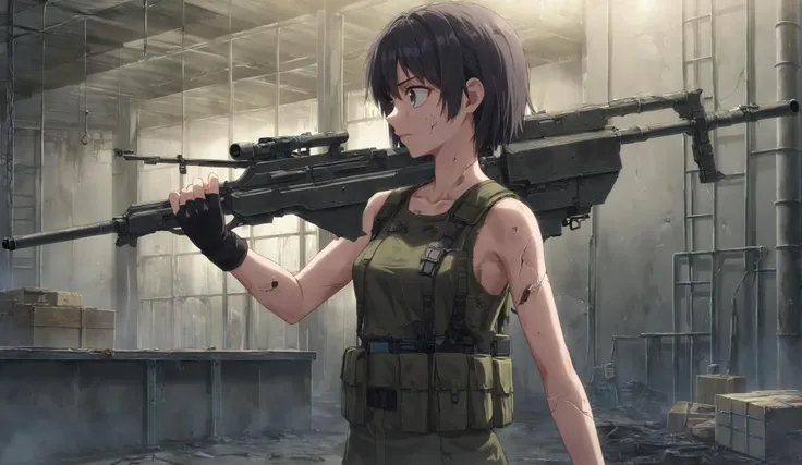 scenery, volumetric light, night, abandoned factory. broken boxes, broken machinery, dark, light on character, upper body, 1girl, looking around, tactical clothes, bare arms, fingerless gloves,  holding weapon, <lora:CoMix_BGXL:1>