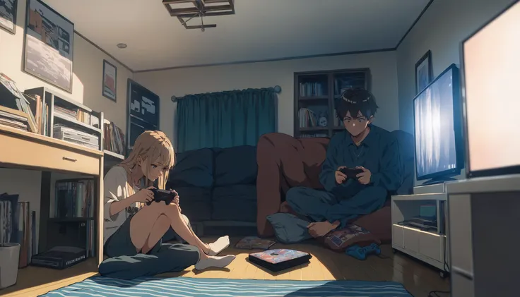 anime scene of a couple of people sitting on the floor in a room