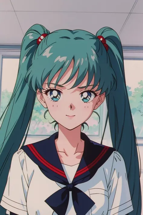 (masterpiece, best quality, beautiful and aesthetic:1.3), 1girl, light smile, solo, EPTakeuchiNaokoStyle, turquoise hair, very long hair, twintails, upper body, closeup portrait, school uniform, sailor collar, looking at viewer, indoors, school, classroom,...