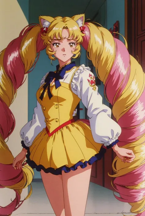 EPTakeuchiNaokoStyle <lora:EPTakeuchiNaokoStyle:0.7>,1990s (style), anime screencap, retro artstyle, anime coloring, traditional media  <lora:My LORA:0.7> Himeko, very long hair, red eyes, hair bow, twin_drills, twintails, long hair,cat ears, yellow cat ea...