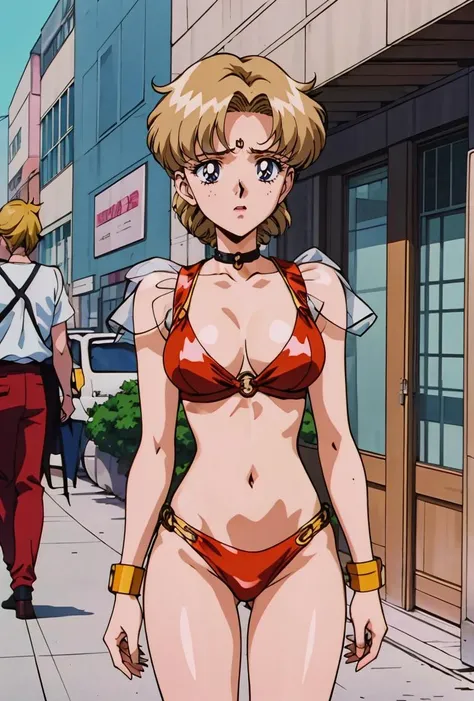 (masterpiece, best quality), 1girl,  Honey Blonde Highlights on Brown French Braid with Hair Chain, Size F breasts, <lora:EPTakeuchiNaokoStyle:0.8> EPTakeuchiNaokoStyle, 1990s (style), anime screencap, retro artstyle, anime coloring, traditional media