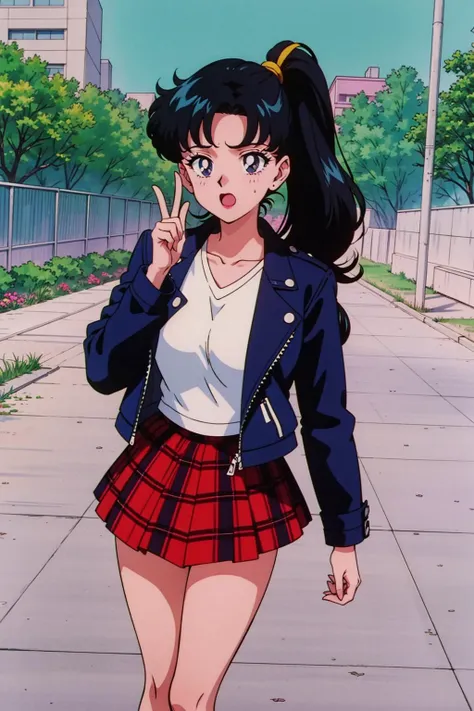 1girl, solo, border, park, day, index finger raised, iridescence hair, long wavy gray hair, side ponytail, purple eyes, thick, leather jacket, plaid_skirt, lactation through clothes, open mouth .<lora:EPTakeuchiNaokoStyle-03:1> EPTakeuchiNaokoStyle, 1990s ...