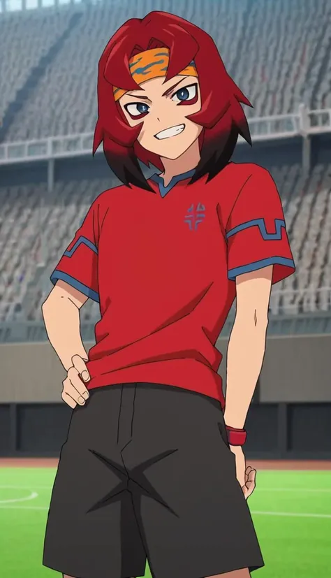 score_9, score_8_up, score_7_up, score_6_up, score_5_up, score_4_up, source_anime, stadium,  1boy,  baek shiwoo, red hair, two-tone hair, multicolored hair,  blue eyes,  orange headband, red mark under eye, hand on own hip, smile,  pose, soccer uniform, bl...