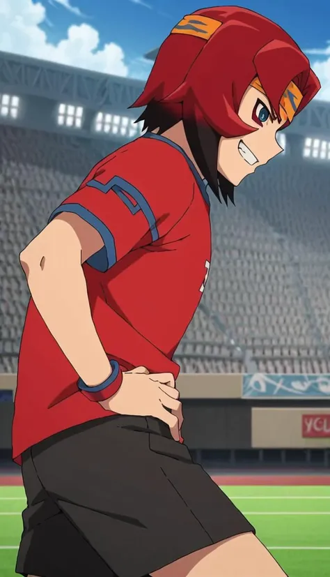 score_9, score_8_up, score_7_up, score_6_up, score_5_up, score_4_up, source_anime, stadium,  1boy,  baek shiwoo, red hair, two-tone hair, multicolored hair,  blue eyes,  orange headband, from side, hand on own hip, evil grin,  pose, shorts,  <lora:Baek_Shi...