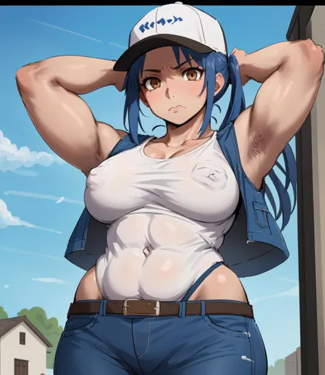 (masterpiece, best quality), from below ,(1girl), hands behind head, , (mature female, feminine face, beautiful face, solo, baseball cap, vest, shirt, jeans, flat chest, wide hips, thick thighs), tanned skin, muscular <lora:BodyType Wheyfu by Ynagoya:0.2>,...