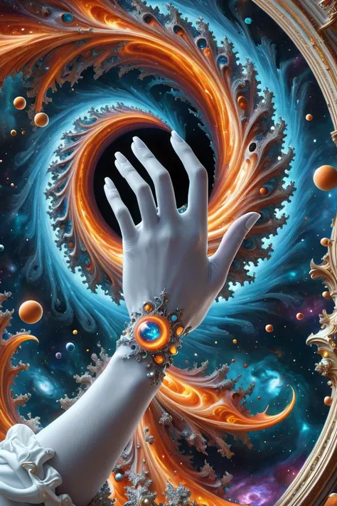 Hyperrealistic art inspiration from kaleidoscope,giant twisted mandelbrot fractal,magnificent_architecture,ultra details,artstation,octane renderer,(colorfully fine pimples:1.2),in space,ral-blackhole,<lora:ral-blackhole:0.6>,a hand wearing white gloves,vi...