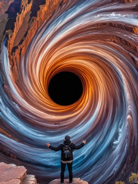 a man standing on a rock with his arms outstretched in front of a large black hole