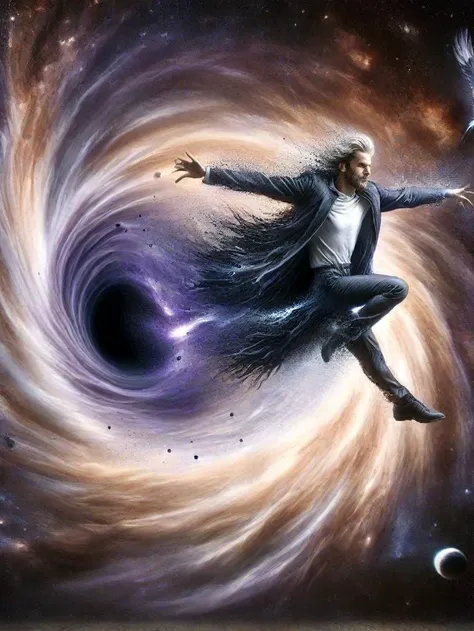 arafed image of a man flying through a vortex of space