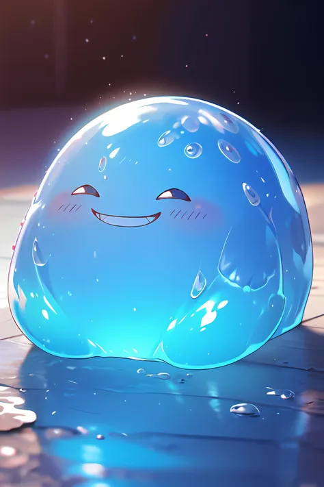 there is a blue jelly with a smile on it sitting on the ground