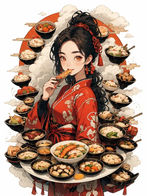 HEZI, 1girl, food, solo, holding, jewelry, chopsticks, earrings, looking at viewer, long sleeves, black hair, chinese clothes, hair ornament, fish, holding food, red eyes, bowl, dumpling, shrimp, holding chopsticks, white background, long hair, eating, ban...