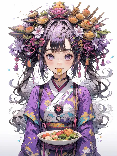 HEZI, 1girl, solo, hair ornament, japanese clothes, bowl, kimono, purple eyes, flower, food, hair flower, looking at viewer, bangs, upper body, chopsticks, hair bun, blush, purple hair, double bun, floral print, jewelry, earrings, smile, nail polish, grey ...