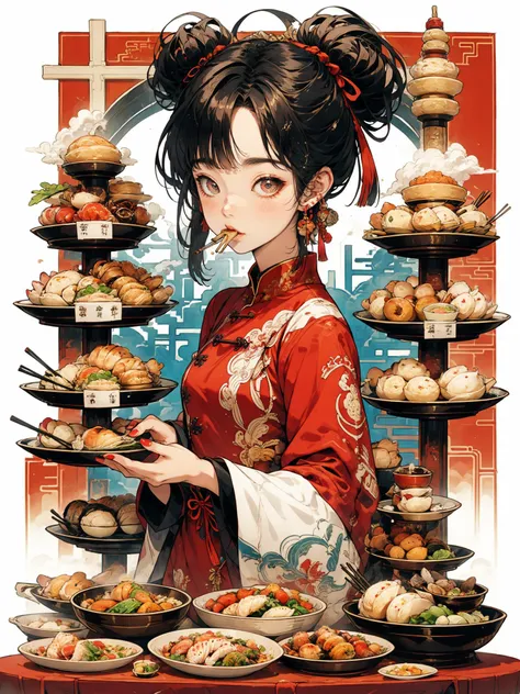 HEZI, 1girl, chinese clothes, food, solo, jewelry, chopsticks, eating, hair bun, looking at viewer, black hair, bowl, red nails, earrings, holding, long sleeves, double bun, bangs, dress, holding chopsticks, blush, dumpling, plate, china dress, hair orname...