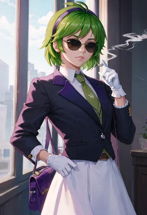 best quality, masterpiece, highres, solo, {nino_fireemblem:0.90}, {black business suit:1.40}, {tie:1.20}, {sunglasses:1.25}, {white gloves:1.15}, {white shirt:1.10}, {black skirt:1.15}, {smoking:1.20}, handsome