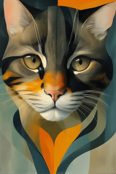 painting of a cat with a colorful collar and a blue background