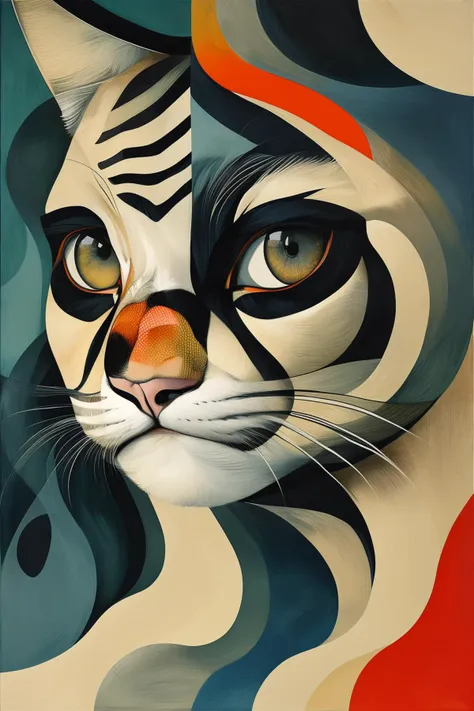 painting of a cat with a tiger face and a red