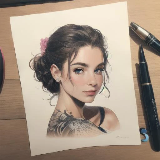 a close up of a drawing of a woman with a flower in her hair