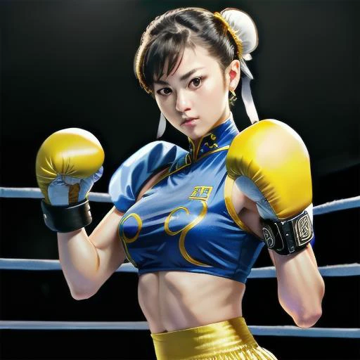 yellow minions chun-li Preppy Style (United States) , ((really intricate intricate backgroung of a boxing ring)), whole body facing the camera<lora:chun liV1:0.6>