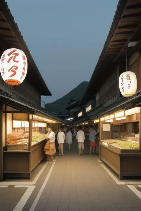 intricate details of a landscape of a japanese old town, at dusk , with food stall , and market, seen from the street