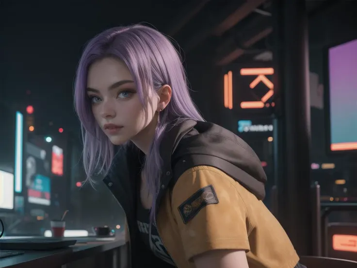 masterpiece, perfect face, auclaire, Violet hair, Pale Yellow Suede miniskirt , intricate cyberpunk background