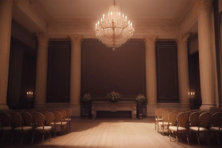 a close up of a room with a chandelier and chairs