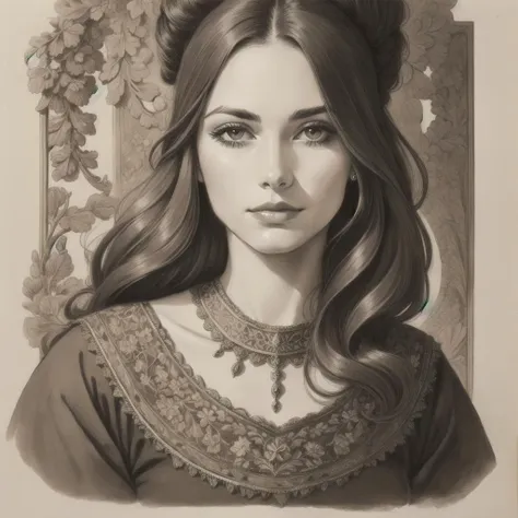 a drawing of a woman with long hair and a necklace