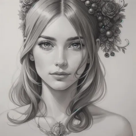 a drawing of a woman with flowers in her hair