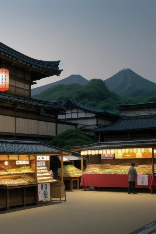 landscape of a japanese old town, at dusk , with food stall , and market