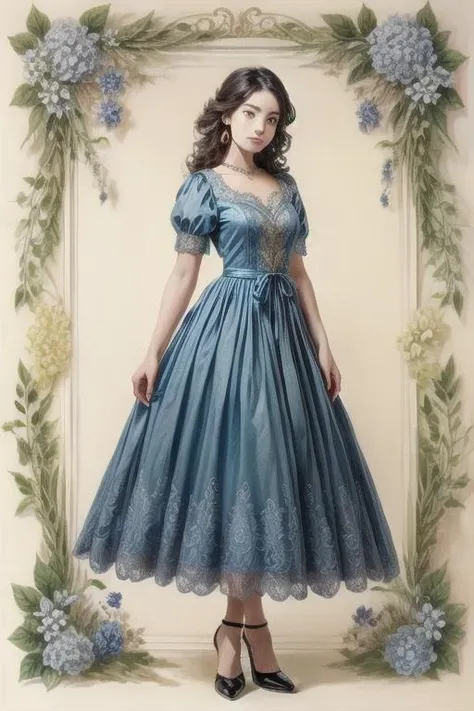 a woman in a blue dress standing in front of a floral frame