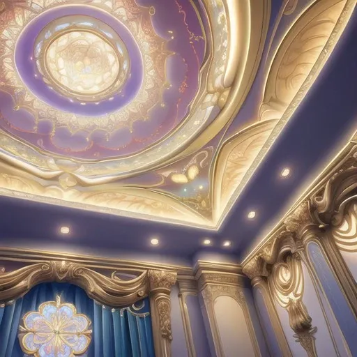 a close up of a ceiling with a blue curtain and a gold ceiling