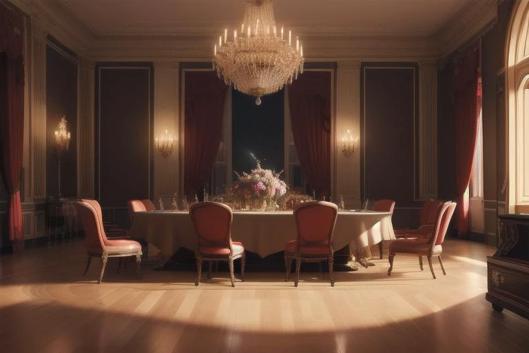 there is a dining room with a table and chairs in it