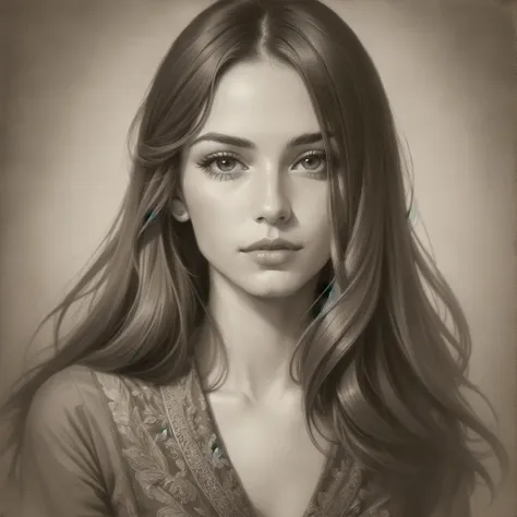 a drawing of a woman with long hair and a brown shirt