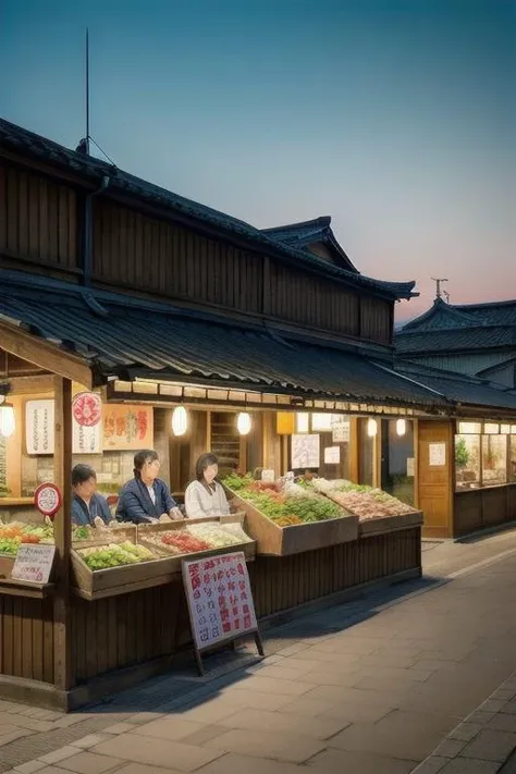 intricate details of a landscape of a japanese old town, at dusk , with food stall , and market, seen from the street