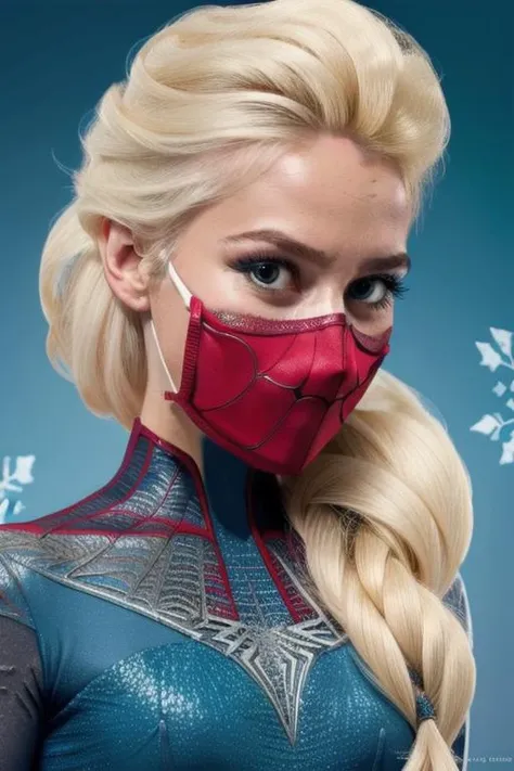 spiderman  with full face mask dress as elsa from frozen  <lora:Elsa_character:0.6>