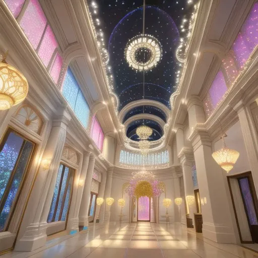 a close up of a large hall with a chandelier and a ceiling