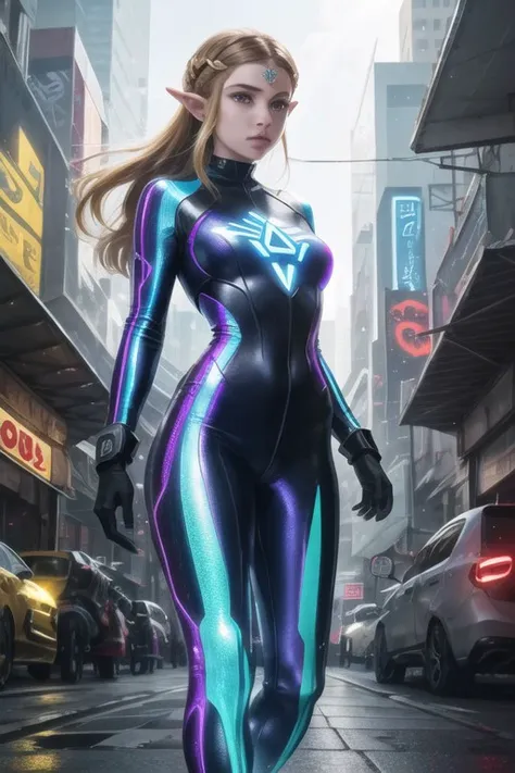 a woman in a futuristic suit walking down a city street