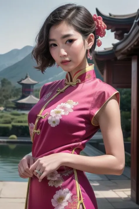 a close up of a woman in a pink dress standing near a body of water