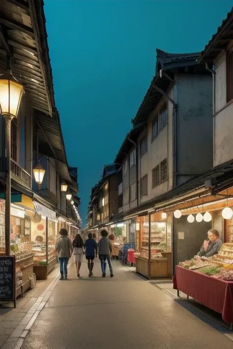 intricate details of a landscape of a japanese old town, at dusk , with food stall , and market, seen from the street