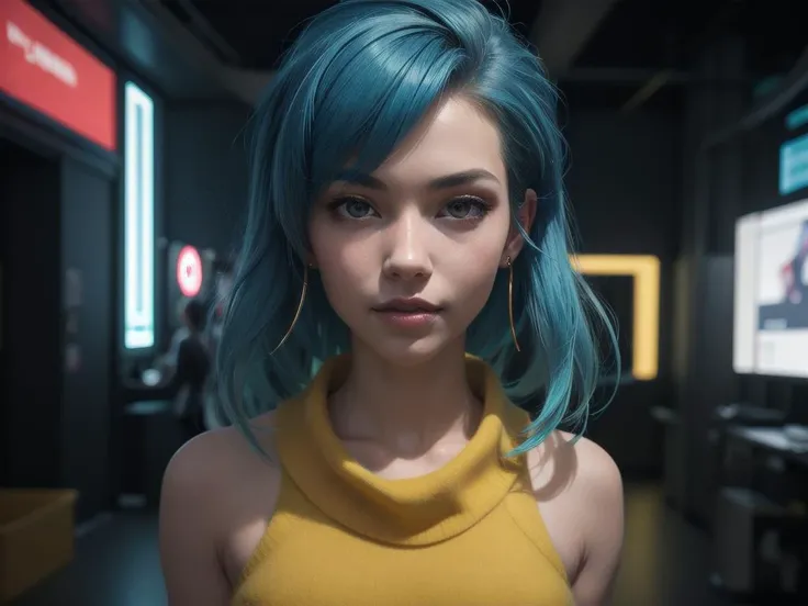 masterpiece, perfect face, auclaire, Cerulean hair, Canary Yellow Cashmere miniskirt , intricate cyberpunk background