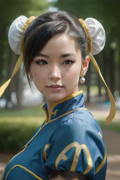 a close up of a woman in a blue and yellow outfit