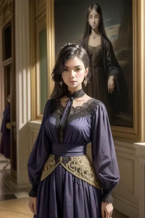 Violet attire wear by a woman in ornate musee du louvre<lora:add_detail:0.6>