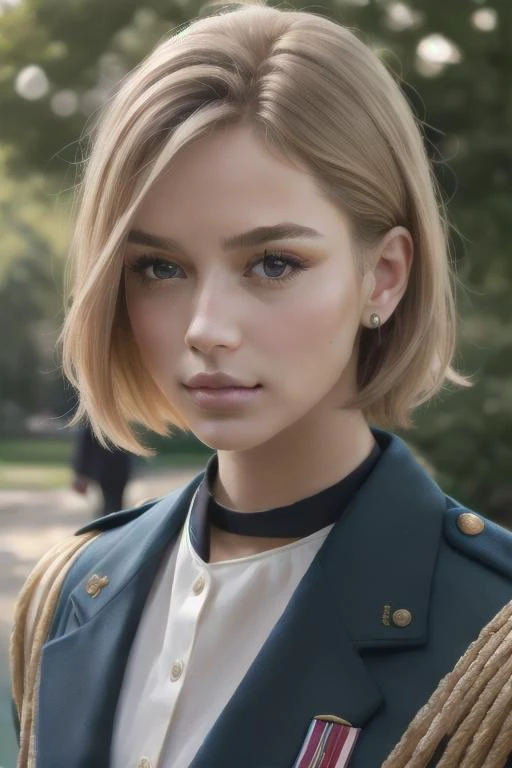 ((ultra realistic)), extra details , ((perfect portrait)), Chalk White cammy Military Uniforms (Various countries and branches) , focus really intricate details background of a park , <lora:cammy whiteV2:0.6>