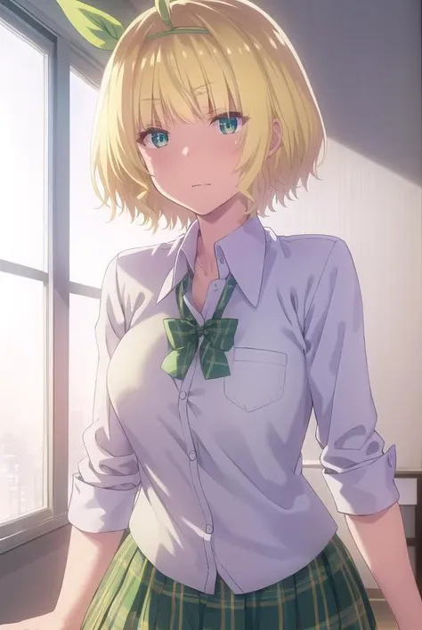 yuikakoga, <lora:yuika koga s1-lora-nochekaiser:1>,
yuika koga, short hair, blonde hair, (green eyes:1.3), hair ribbon, hairband, green ribbon,
BREAK skirt, shirt, school uniform, white shirt, plaid, plaid skirt, green skirt,
BREAK indoors, classroom,
BREA...