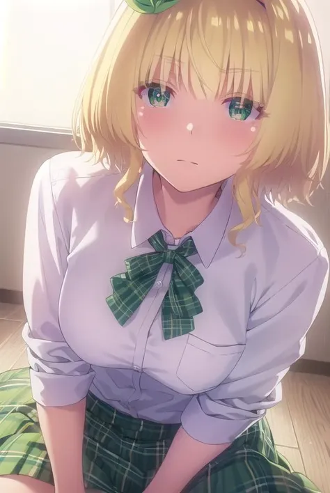 yuikakoga, <lora:yuika koga s1-lora-nochekaiser:1>,
yuika koga, short hair, blonde hair, (green eyes:1.3), hair ribbon, hairband, green ribbon,
BREAK skirt, shirt, school uniform, white shirt, plaid, plaid skirt, green skirt,
BREAK indoors, classroom,
BREA...