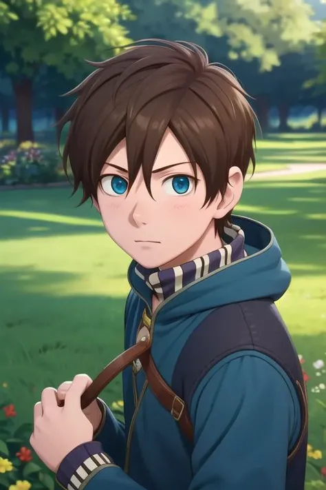 masterpiece, best quality, game cg, 1boy, solo, male focus, looking at viewer, upper body, , , realistic, <lora:ryuu_akagami_no_shirayuki-hime:0.66>, ryuu_akagami_no_shirayuki-hime, brown hair, blue eyes, ninja costume, ,