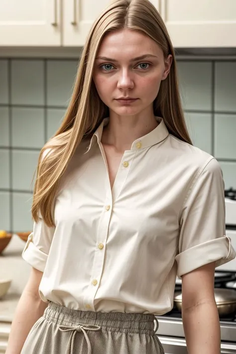 European woman, closeup, sandals, (shirt), pants, (kitchen), ZM_jessica, wide shoulders, perfect face, (contact iris: 1.1), pale skin, skin pores , looking_at_viewer, depth of field