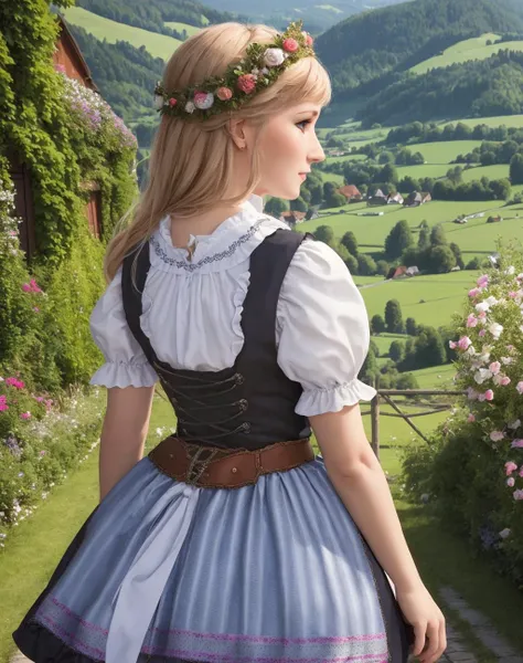 Masterpiece, absurdres, fine detail, HDR, highly detailed face and eyes, photorealistic,  <lora:dirndl:0.75>, dirndl, a woman in traditional bavarian dress poses for a picture , german woman, wearing a dirndl, picture from the back