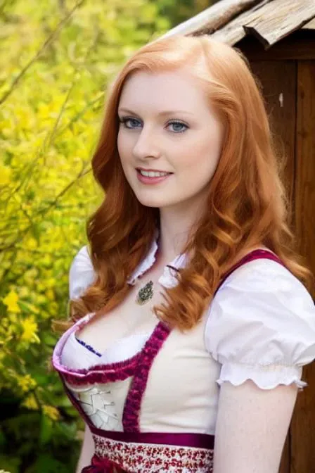 (full body:1.3), looking at viewer, (large breasts:1.0), (cleavage:1.1), medium ginger hair, blue eyes AND green eyes, pale skin, (freckles:0.75), smile, <lora:dirndl:0.75>, dirndl,, highres, looking at viewer, masterpiece, white background