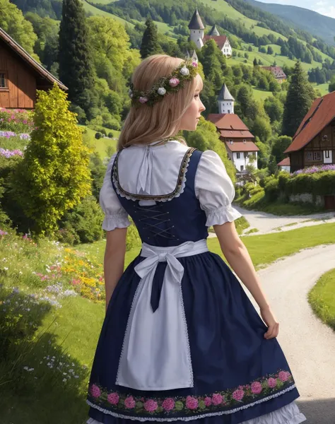 Masterpiece, absurdres, fine detail, HDR, highly detailed face and eyes, photorealistic,  <lora:dirndl:0.75>, dirndl, a woman in traditional bavarian dress poses for a picture , german woman, wearing a dirndl, picture from the back